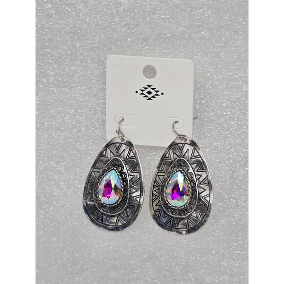 Silver Tone Teardrop Earrings With Iridescent Crystal - Picture 1 of 2
